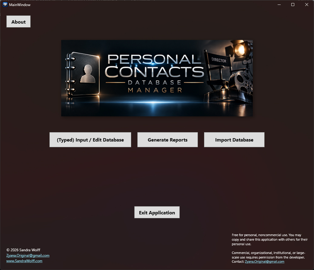 Contacts Custom Database main application screen in dark mode