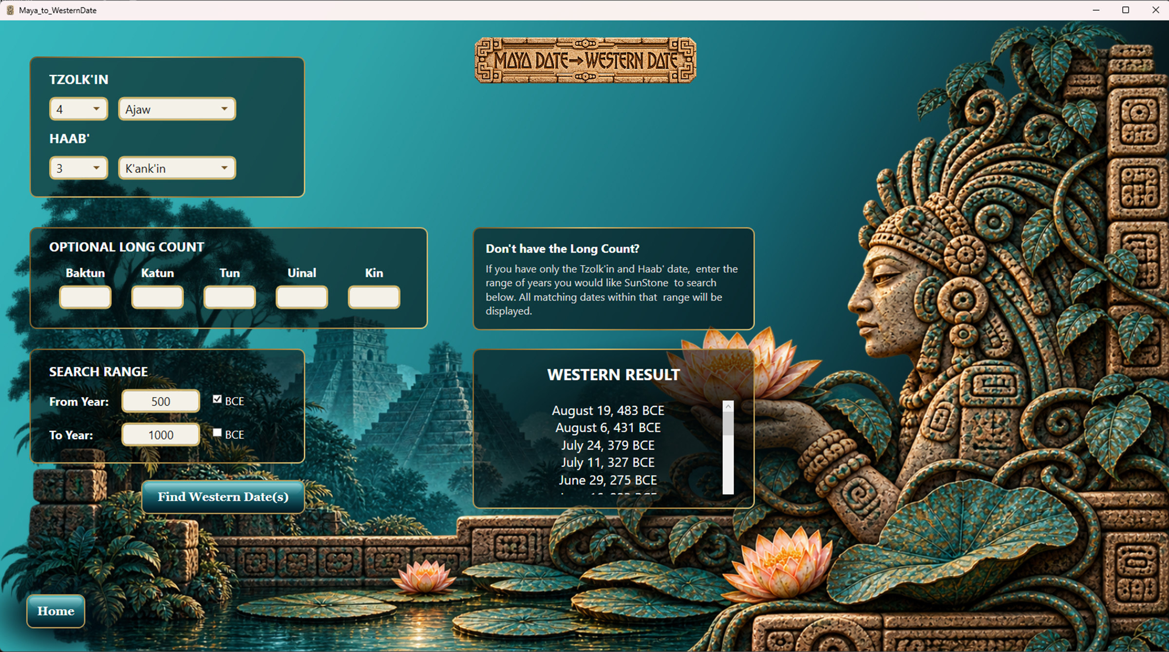 SunStone Maya to Western calendar conversion screen