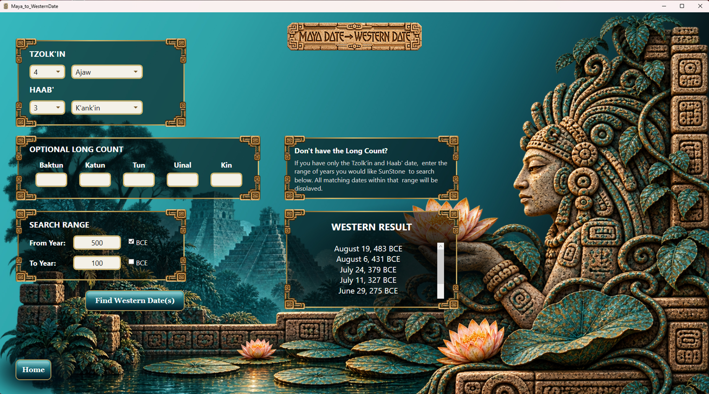 SunStone - Maya to Western Calendar Conversion Screen