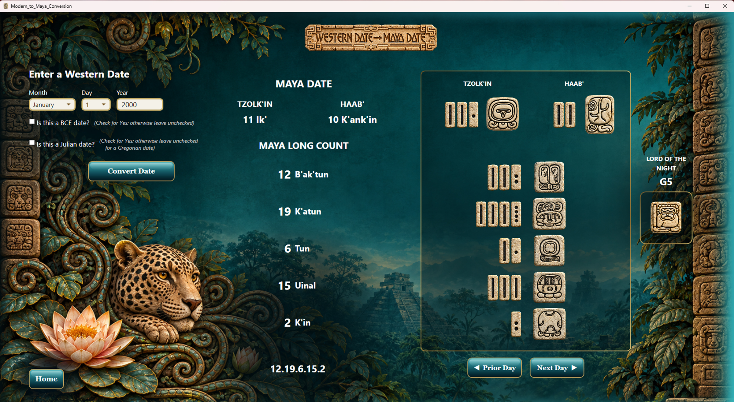 SunStone Western to Maya calendar conversion screen
