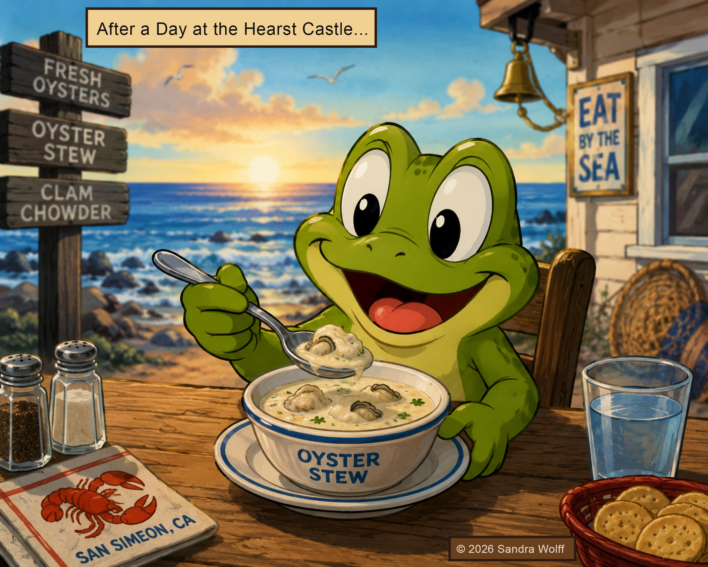 Frog enjoying oyster stew by the sea